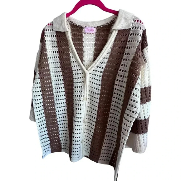 Pink Lily Brown Long Sleeve Front Button Crochet Sweater Medium - Picture 1 of 4